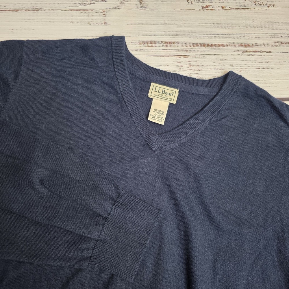 LL Bean Mens Wicked Soft‎ Sweater V Neck Cotton Cashmere Blend XXL Navy Blue